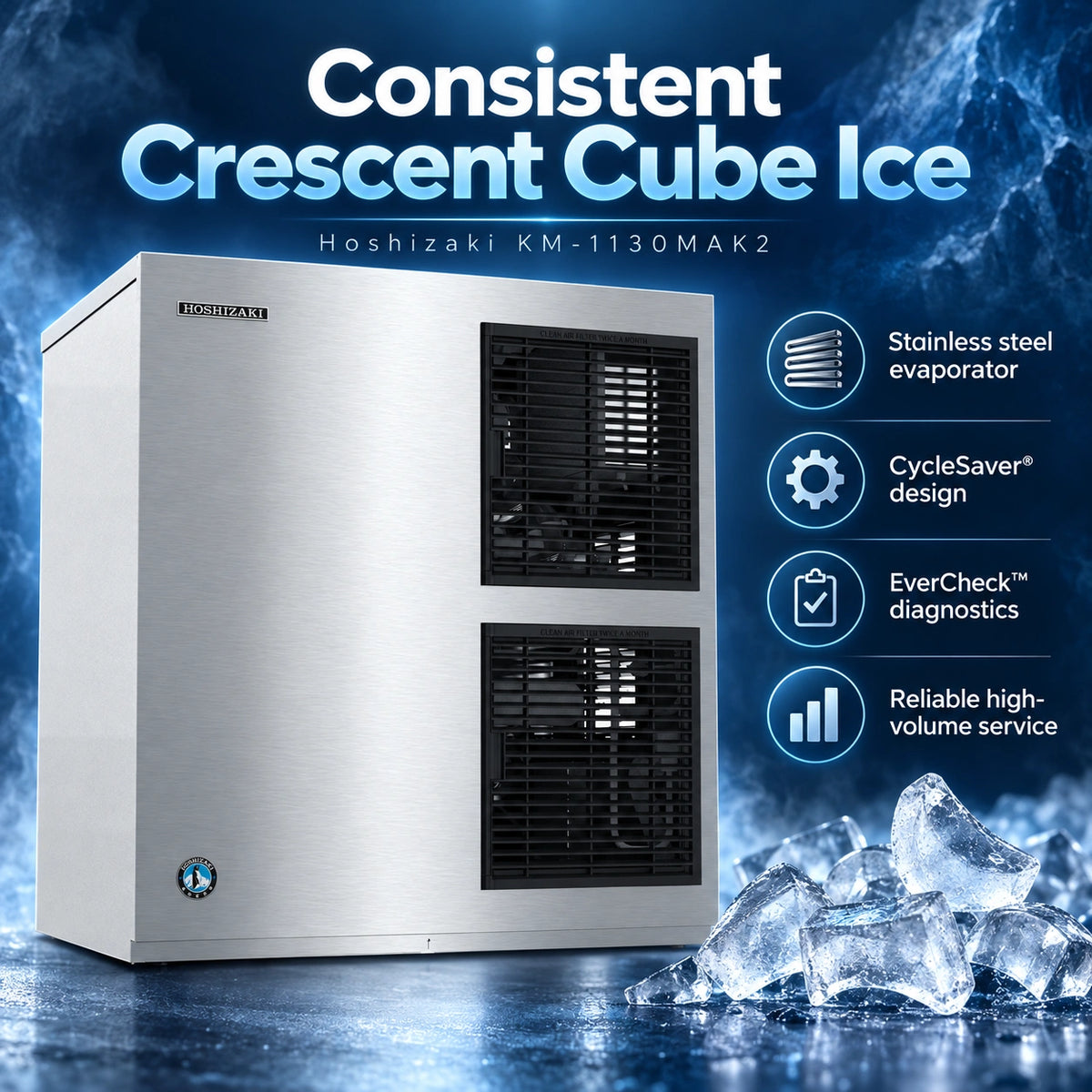 Hoshizaki KM-1130MAK2 30-Inch Air-Cooled Crescent Cube Ice Machine Head - 1181 lb/Day