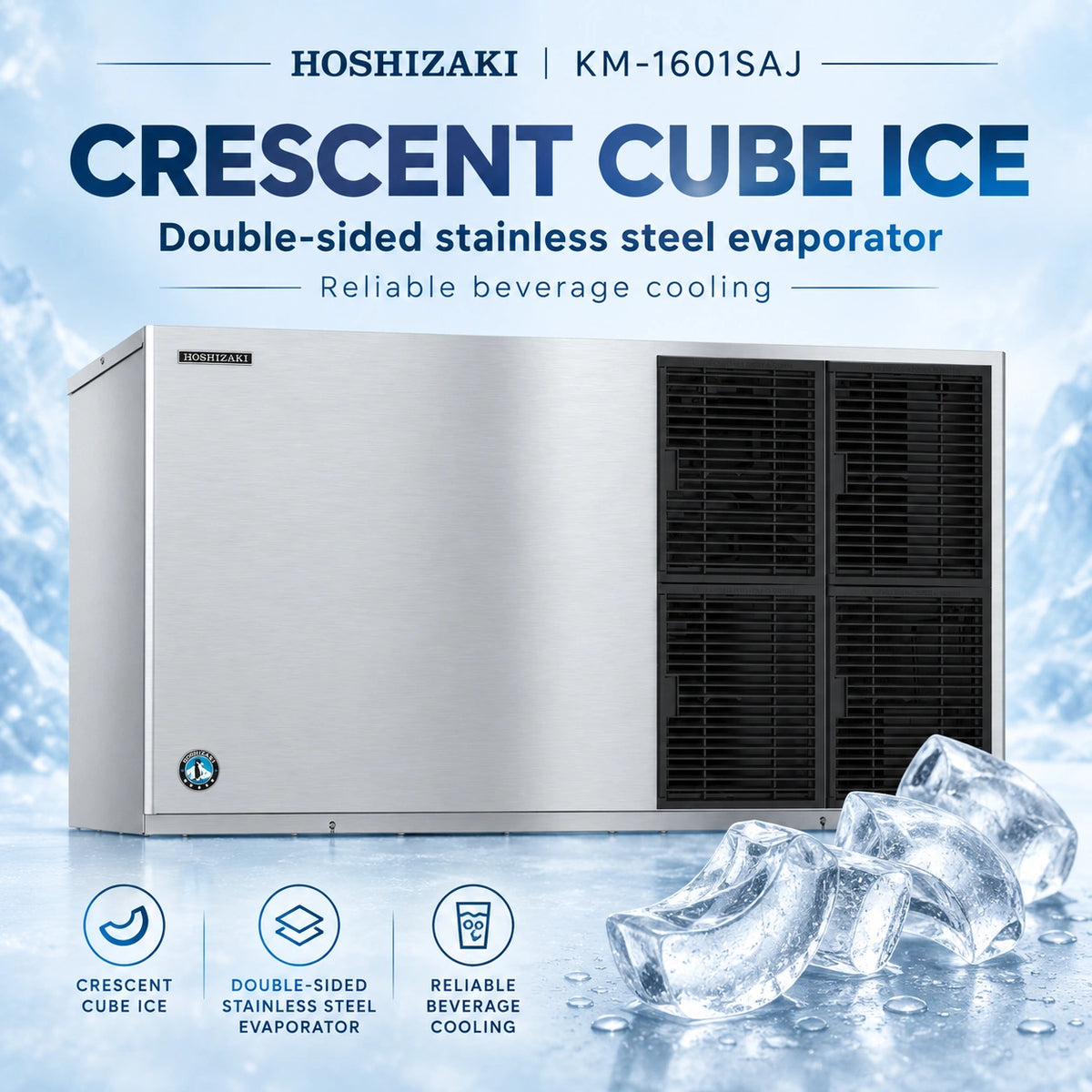 A stainless steel beverage cooling unit labeled HOSHIZAKI | KM-1601SAJ with large text reading Crescent Cube Ice, shown against a icy blue background with ice cubes in the foreground and feature icons along the bottom.