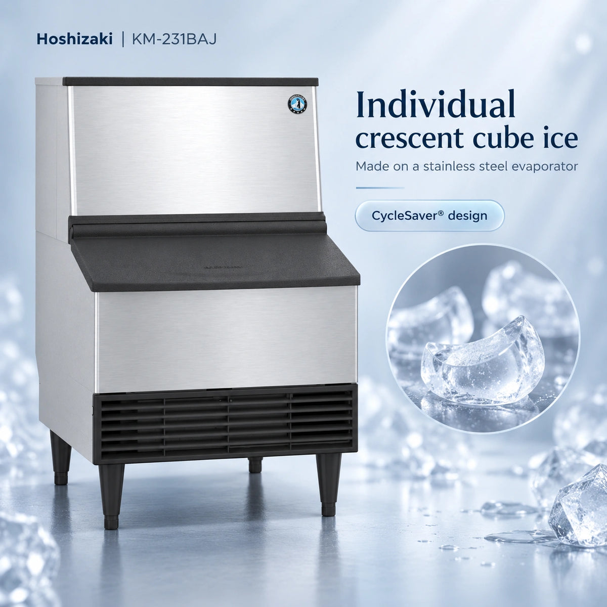 Hoshizaki KM-231BAJ stainless steel commercial ice machine with black legs and vent, shown on a blue icy background with text and a circular ice cube inset.