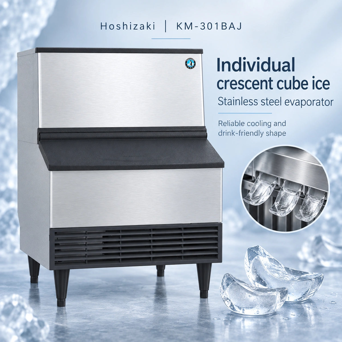 A Hoshizaki KM-301BAJ stainless steel commercial ice machine with a black countertop and legs, shown on a icy blue background with text and a circular close-up of the evaporator.