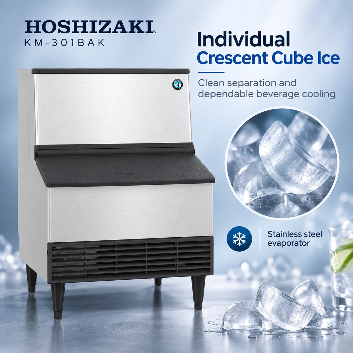 Hoshizaki KM-301BAK stainless steel beverage ice machine on a cool blue studio background with text reading 'Individual Crescent Cube Ice' and a circular inset showing clear ice cubes.