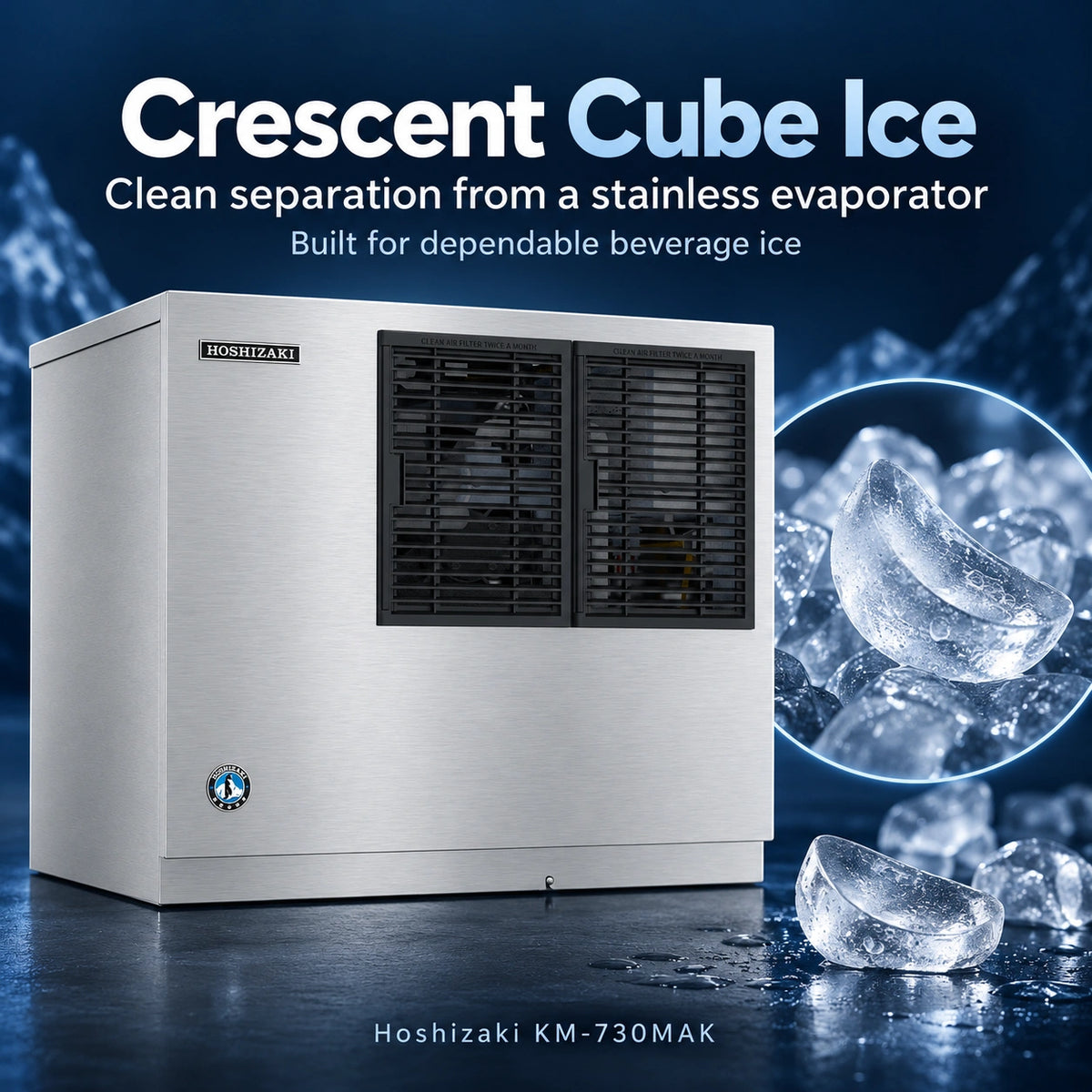 Hoshizaki KM-730MAK Crescent Cube Ice machine in stainless steel with black front grates, shown on a dark blue background with ice cubes and marketing text.
