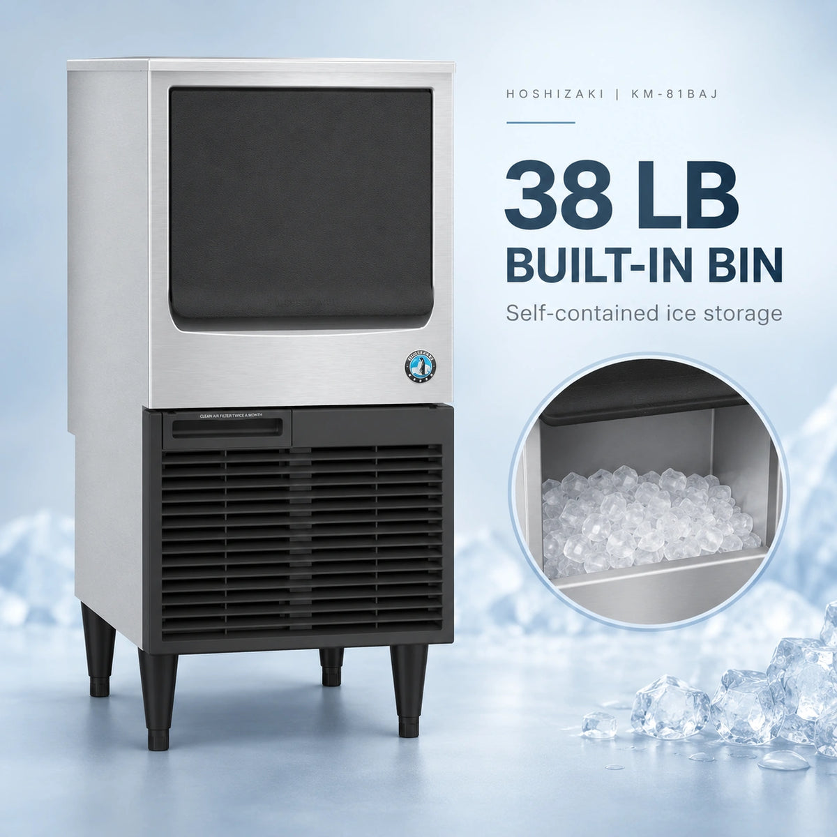 A 38 lb built-in bin ice machine with a stainless steel upper section and black lower grille, shown on a light blue icy background with text reading '38 LB BUILT-IN BIN' and a circular inset showing ice inside the bin.