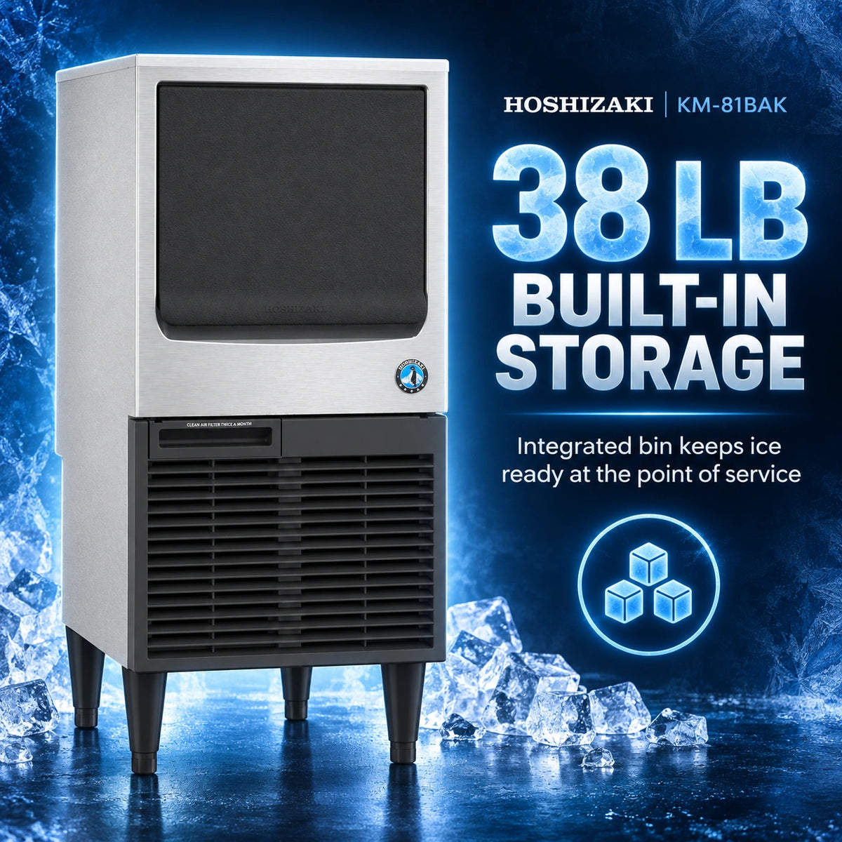 A Hoshizaki KM-81BAK 38 lb built-in storage ice machine shown on a blue icy promotional background with text highlighting the integrated storage bin.