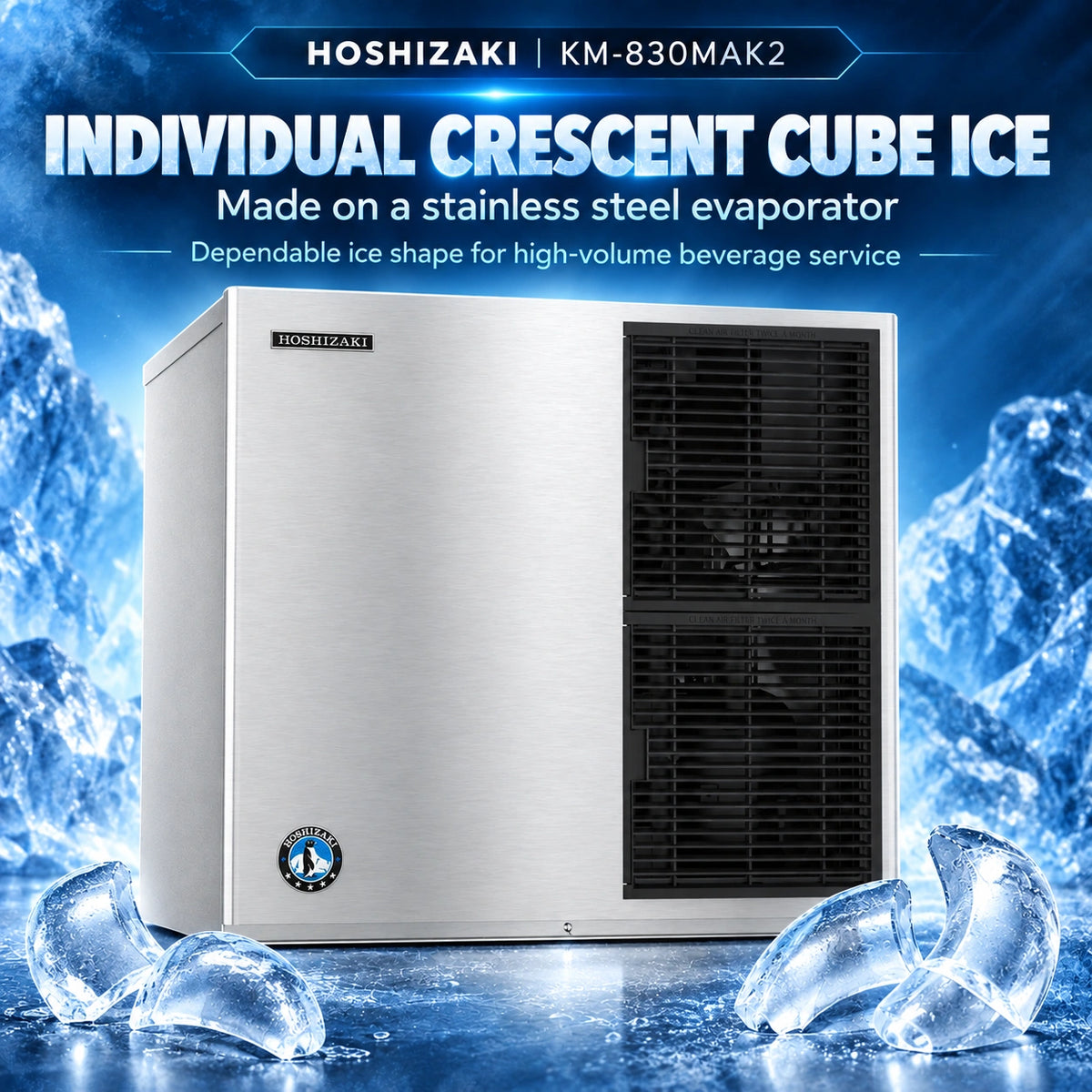 A Hoshizaki KM-830MAK2 individual crescent cube ice machine shown against a blue icy background with ice cubes in the foreground. The product is a stainless steel outdoor ice maker with a black front grille and Hoshizaki branding.