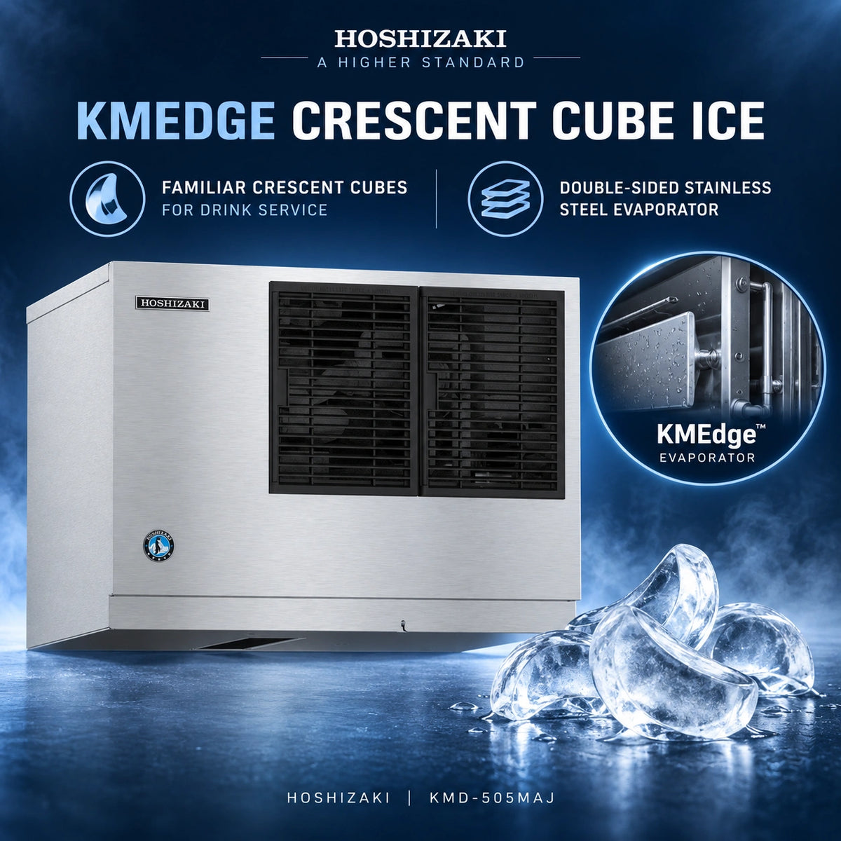 Hoshizaki KMDedge Crescent Cube Ice machine in stainless steel, shown with ice cubes on a dark blue background with promotional text and feature callouts.