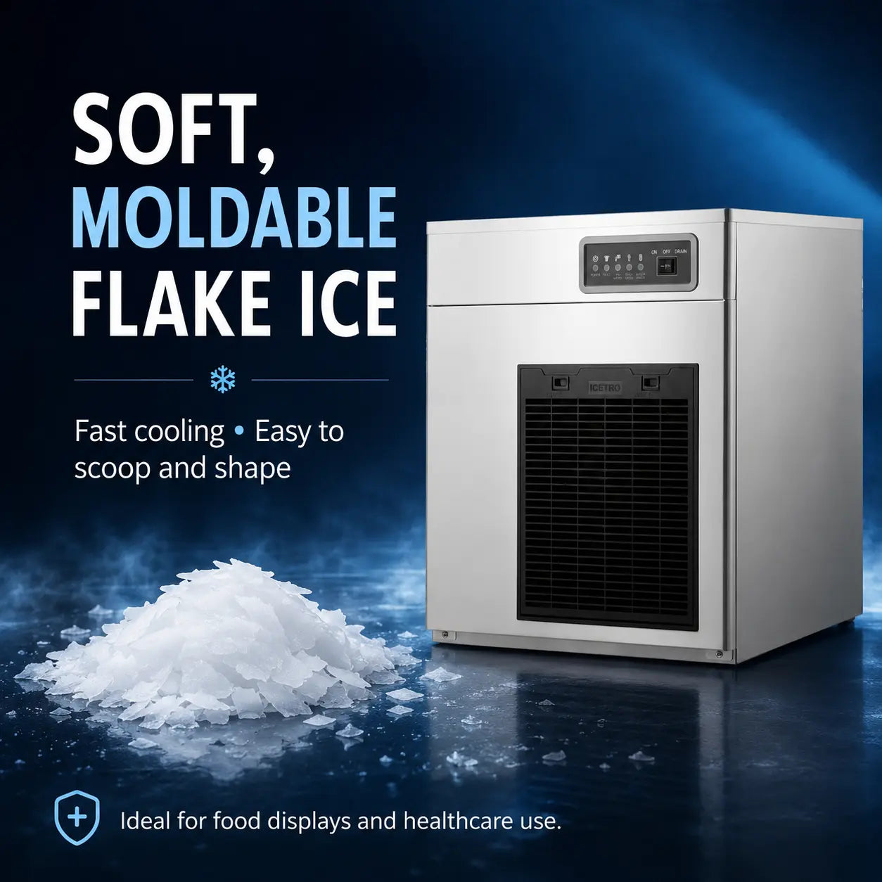 A stainless steel commercial ice machine on a dark blue studio background with text reading 'SOFT, MOLDABLE FLAKE ICE' and a pile of crushed ice in the foreground.