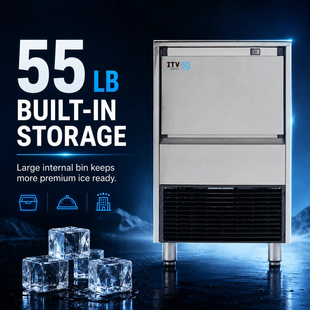 A 55 lb built-in storage ice machine with a stainless steel exterior and black lower grille, shown on a dark blue reflective studio background with ice cubes in the foreground and promotional text on the left.