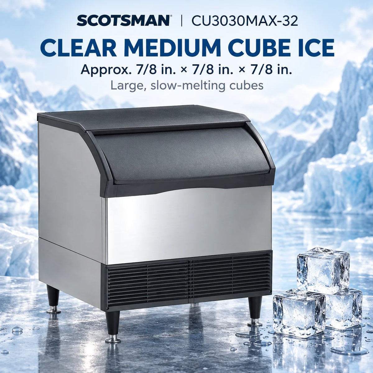 Scotsman CU3030MAX-32 Undercounter Ice Machine - 329 lb/Day Medium Cube with 110 lb Bin, 30 Inch Air-Cooled