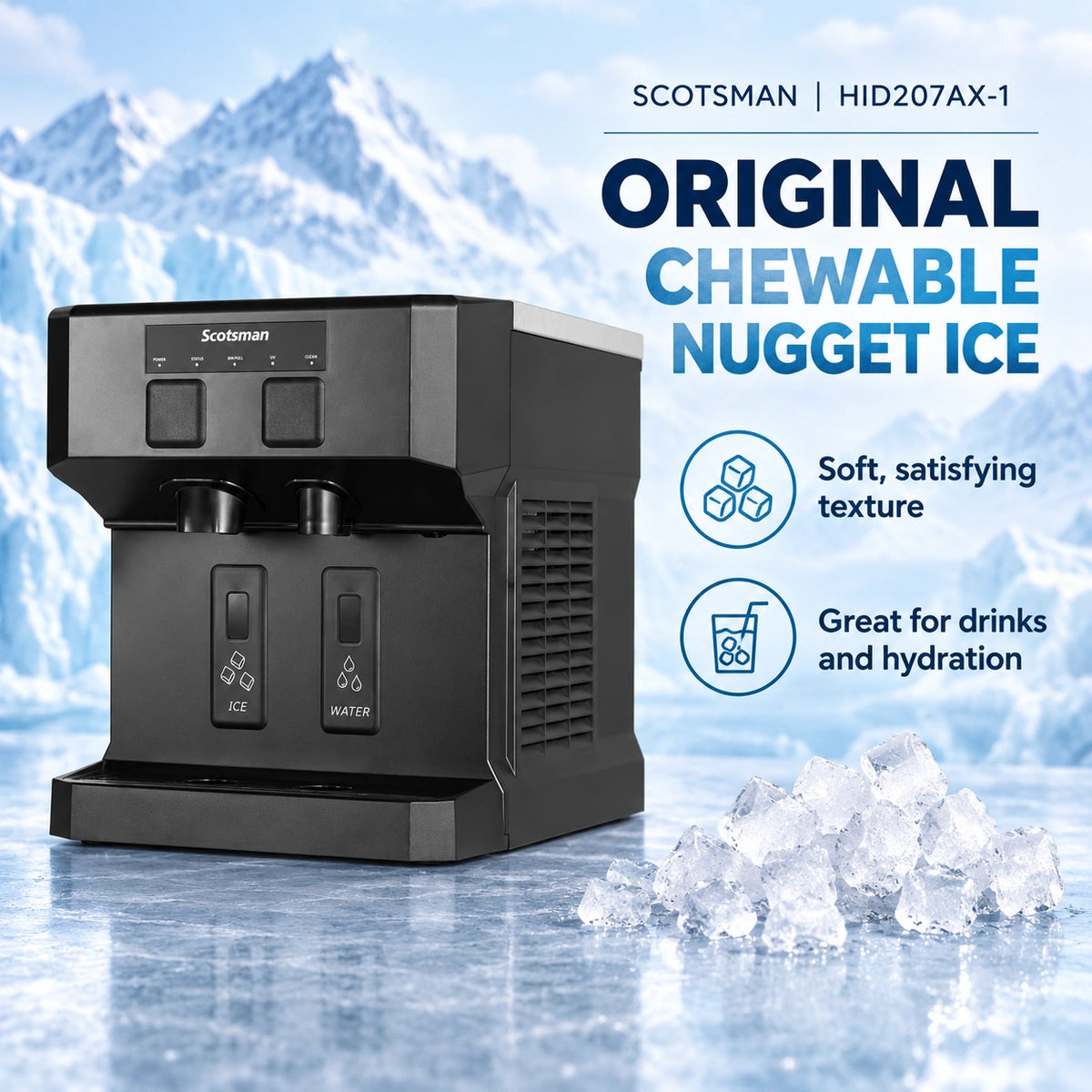 A black Scotsmen chewable nugget ice machine shown on a icy blue background with snow mountains, large text reading 'ORIGINAL CHEWABLE NUGGET ICE,' and feature callouts about soft satisfying texture and great for drinks and hydration.