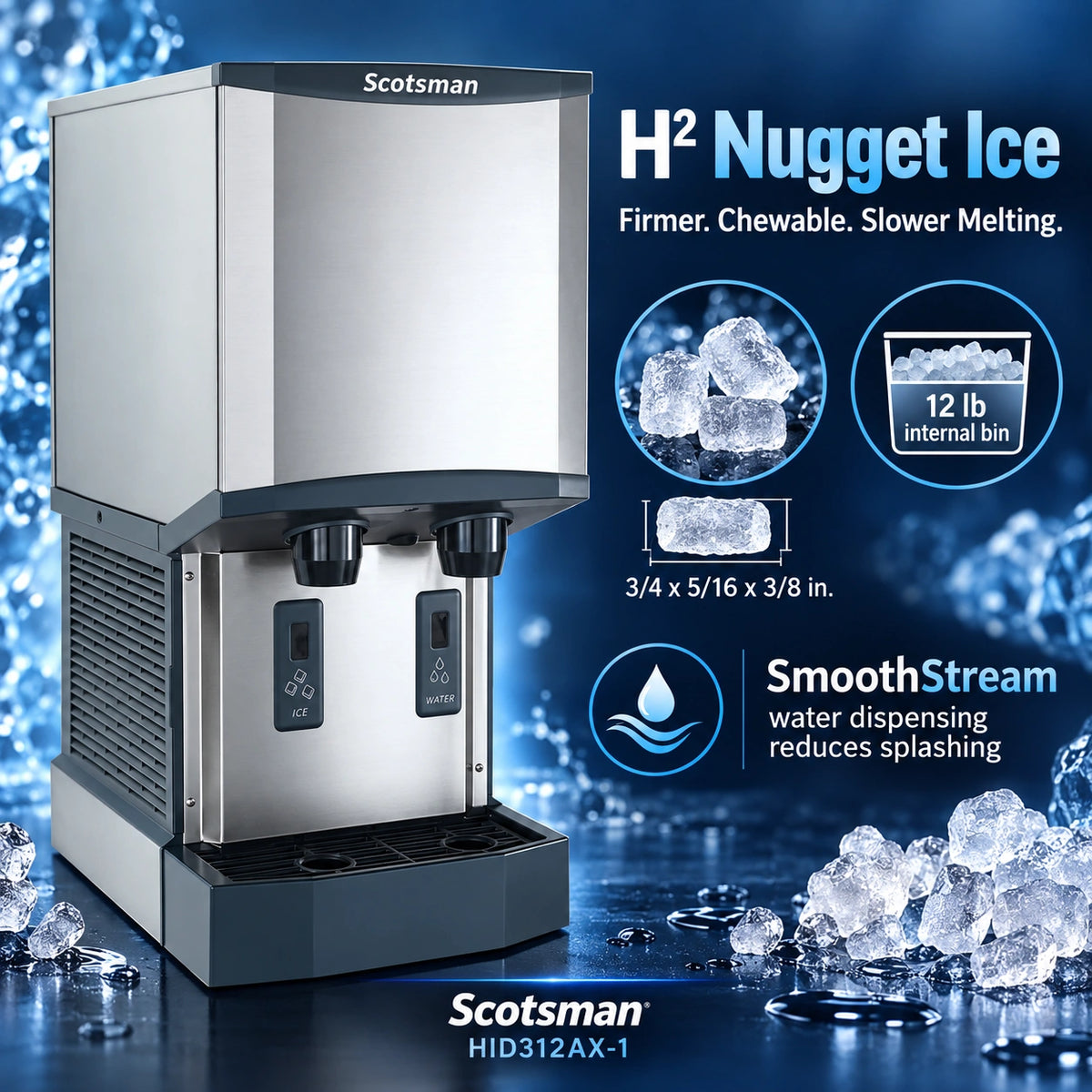 Scotsman H2 Nugget Ice commercial ice machine in stainless steel with two dispensers, shown on a blue promotional background with ice cubes and feature callouts.