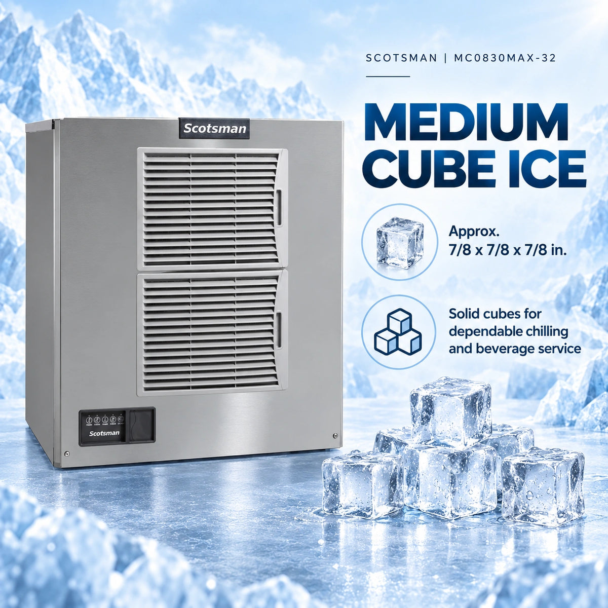 A stainless steel Scotsman medium cube ice machine shown on a icy blue background with text reading 'MEDIUM CUBE ICE' and product callouts. Ice cubes are displayed in front of the machine.