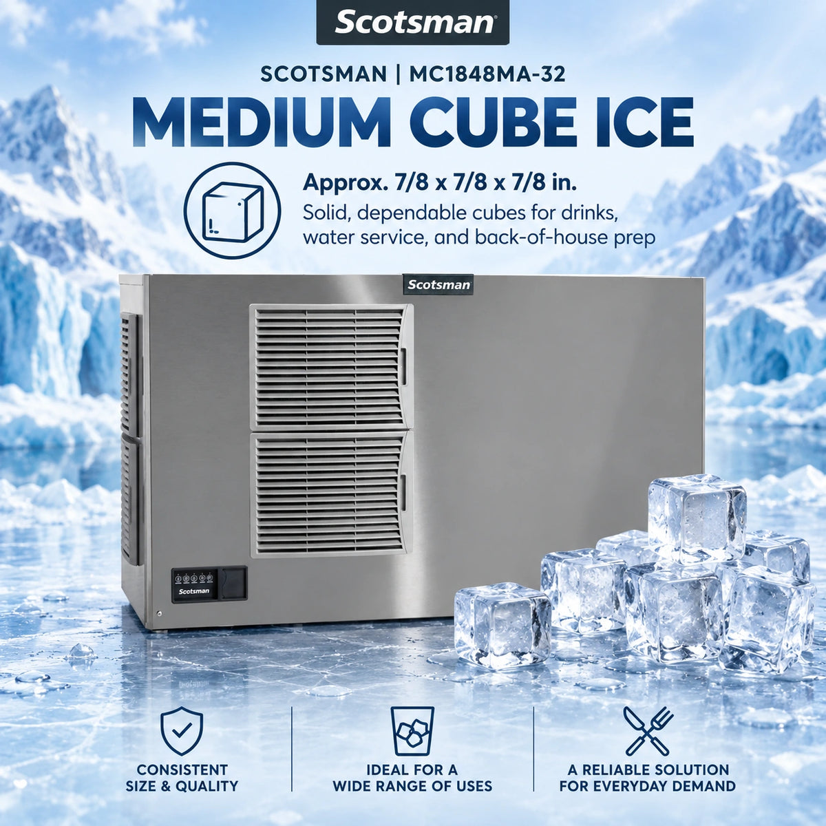 Scotsman medium cube ice machine in stainless steel shown with ice cubes and a snowy icy background. Text reads 'Scotsman | MC1848MA-32 MEDIUM CUBE ICE' with product details and feature icons below.