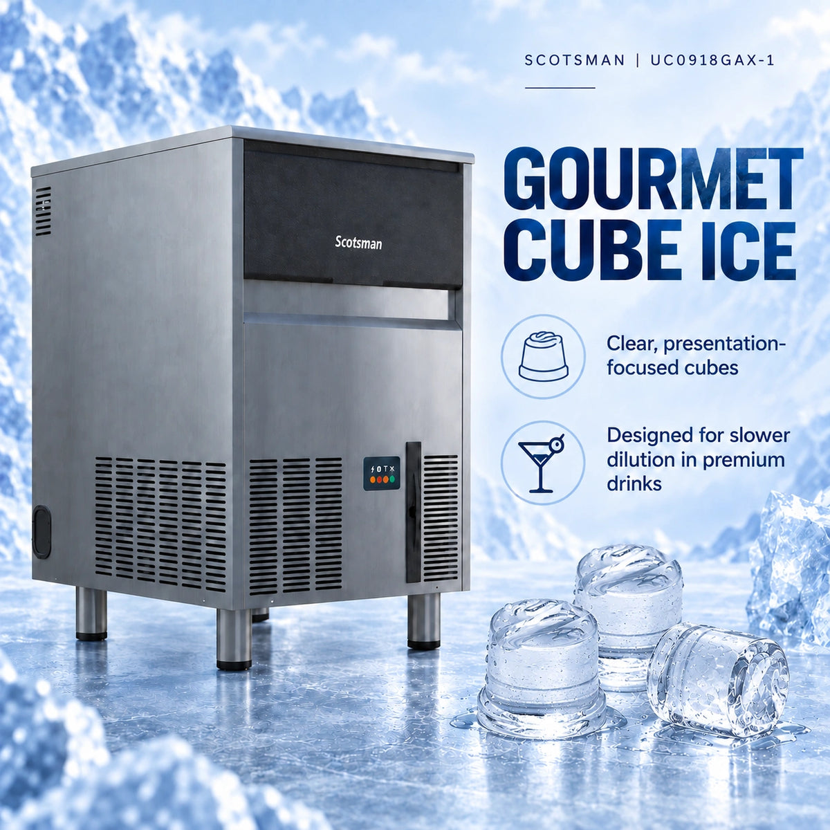 A stainless steel Scotman gourmet cube ice machine on a glossy icy surface, with large text reading 'GOURMET CUBE ICE' and feature icons on the right. Clear ice cubes are shown in the foreground against a blue icy background.
