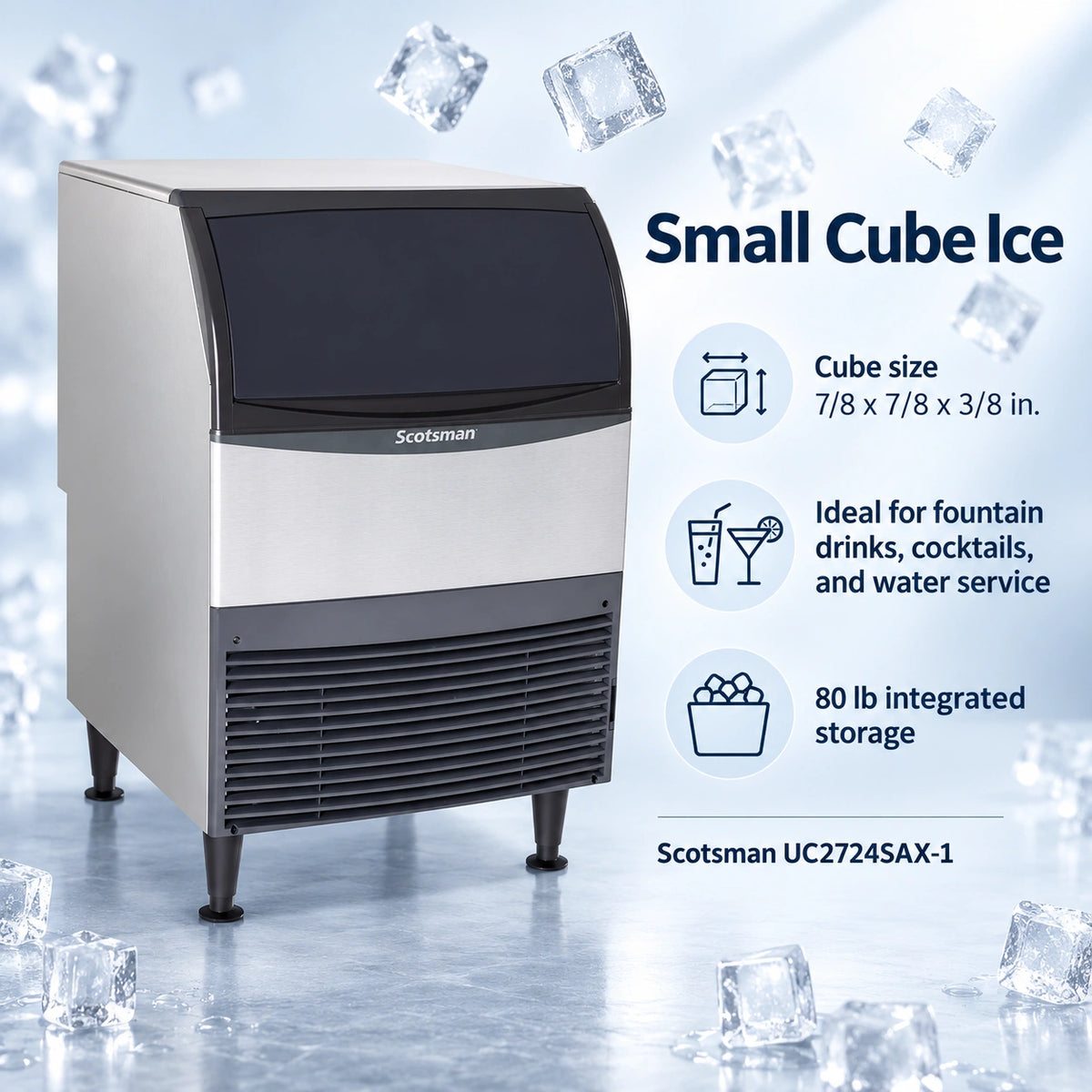 A countertop small cube ice machine in brushed silver and black with a visible Scotsman logo, shown on a light icy studio background with floating ice cubes and feature callouts for cube size and storage.