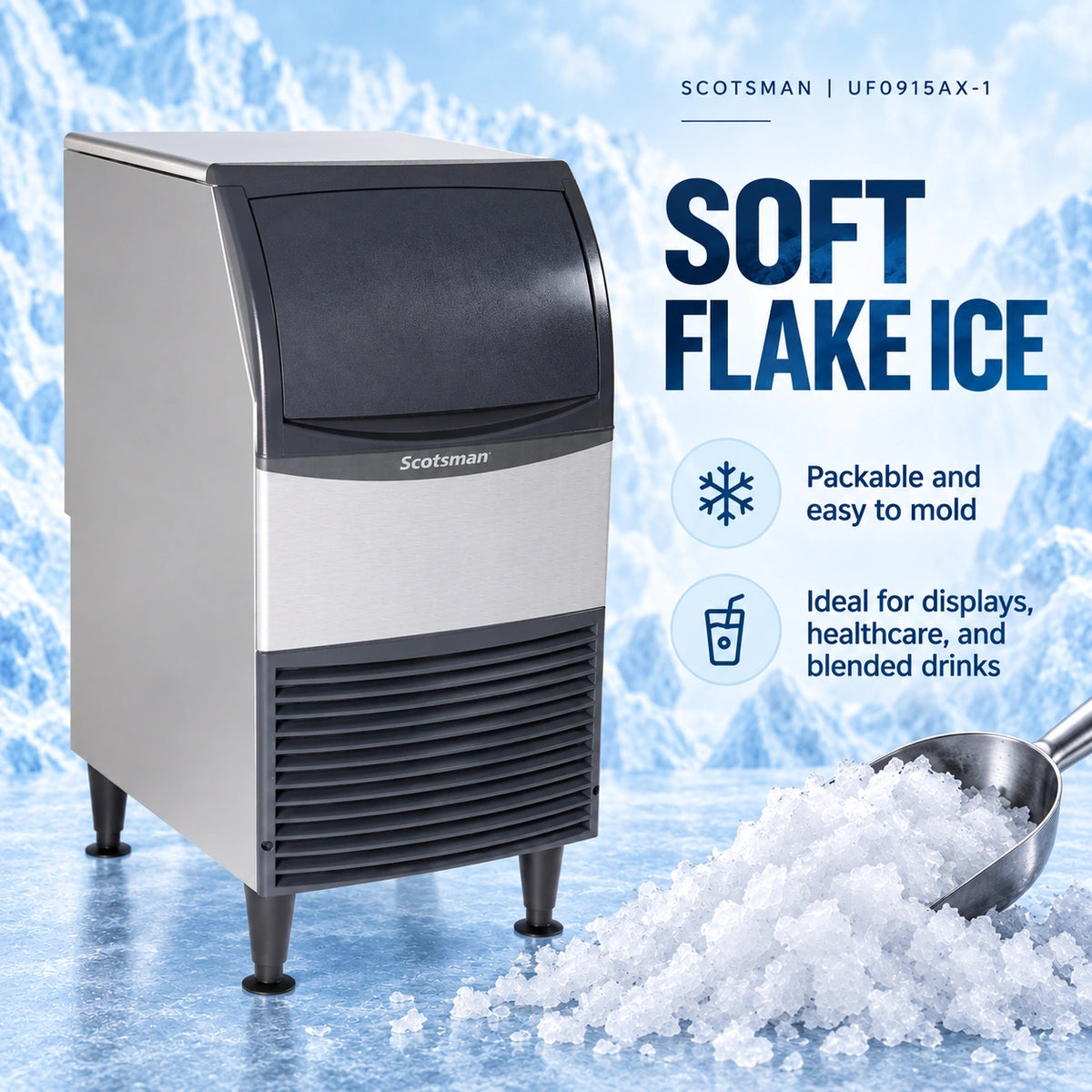 A countertop Scotsman soft flake ice machine shown on a icy blue background with text reading 'SOFT FLAKE ICE' and feature callouts. A scoop of crushed ice and a metal spoon are placed in the lower right corner.