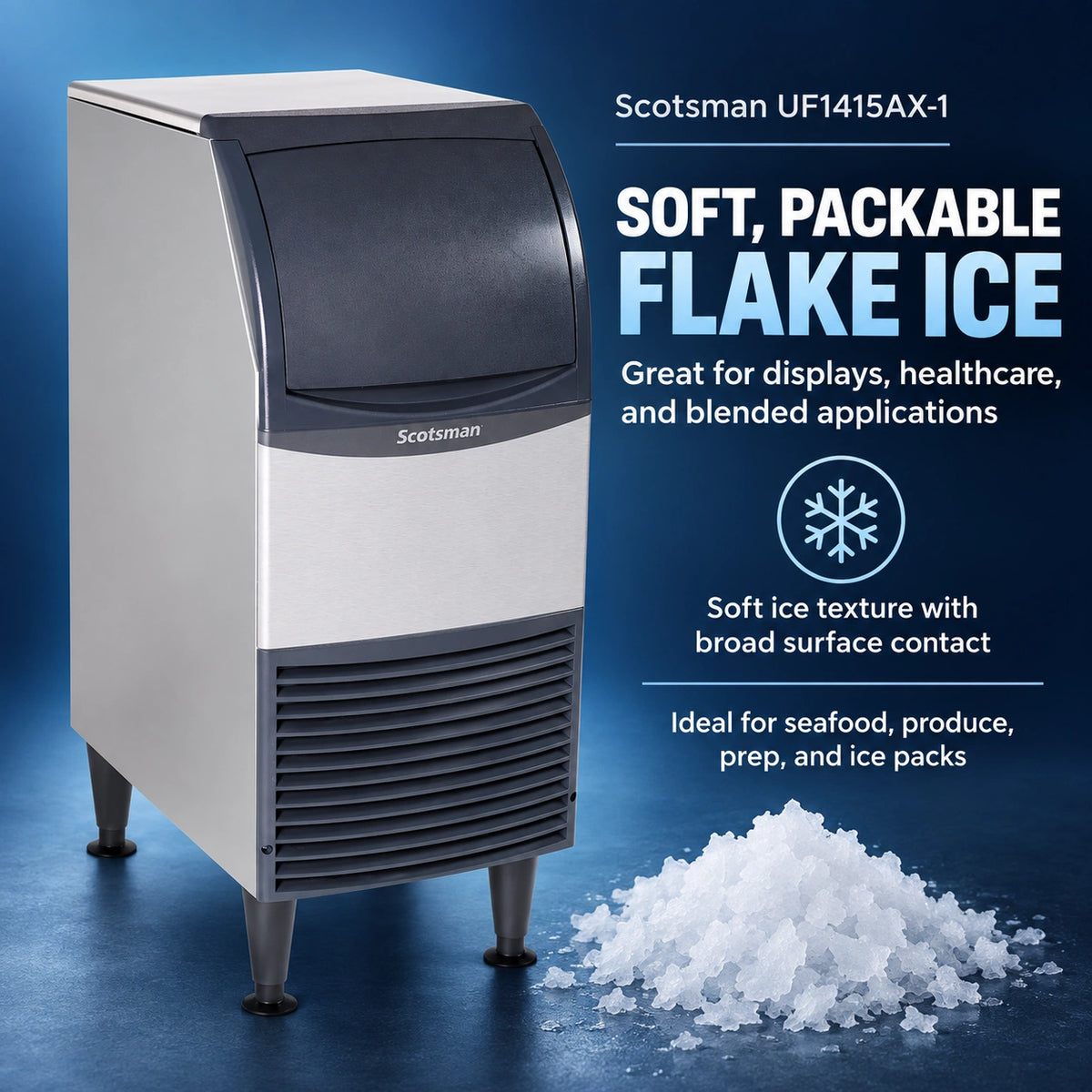 A countertop commercial ice machine in stainless steel and dark gray, shown on a blue studio background with text describing it as a Scotsman UF1415AX-1 soft, packable flake ice machine. A pile of crushed flake ice sits at the lower right.