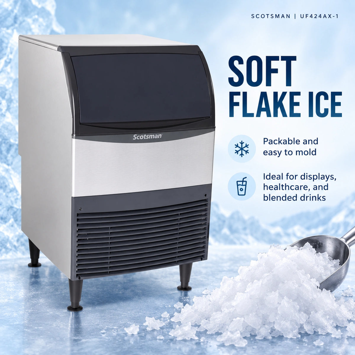 A stainless steel and black countertop ice machine on a light blue icy background, with text reading 'SOFT FLAKE ICE' and product features. A scoop of crushed ice and a metal scoop are shown at the lower right.