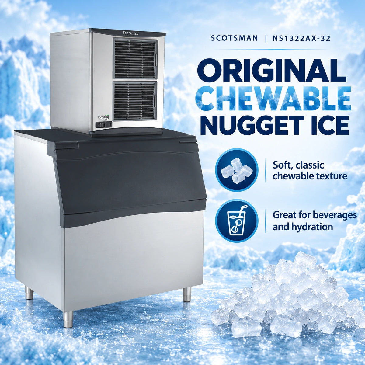 Scotsman Prodigy Plus NS1322AX-32 Commercial Nugget Ice Machine Head - 1,314 lb/Day Original Chewable Nugget Ice, 22 Inch Air-Cooled 208-230V