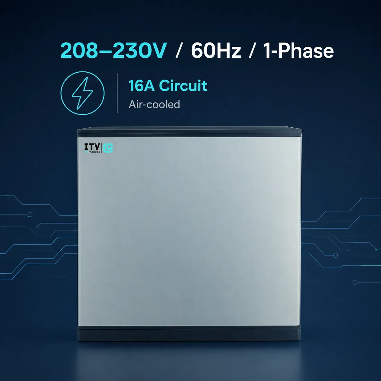 An air-cooled 1-phase ITV battery storage system shown against a dark blue background with technical specifications text at the top.