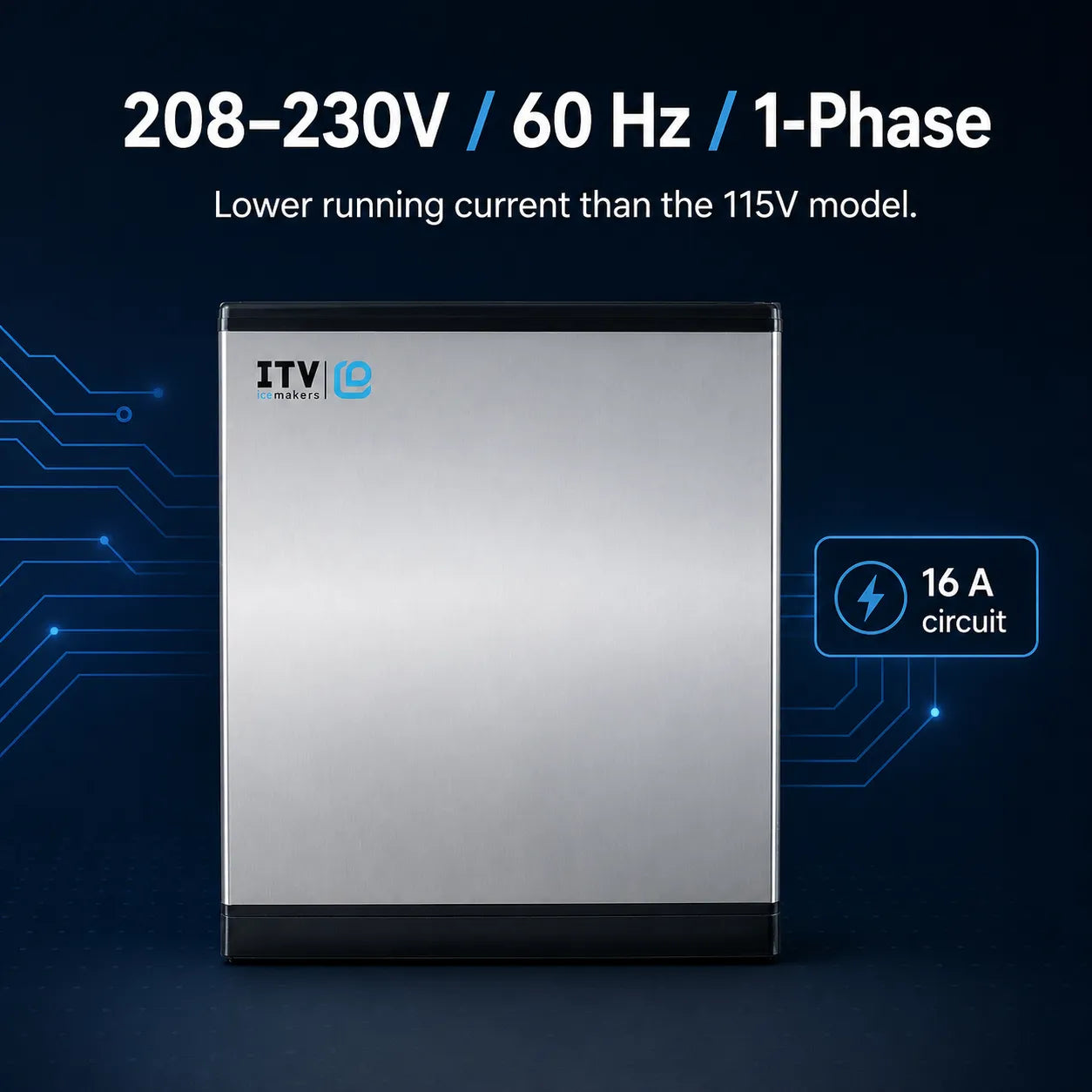 An ITV iSeries 1-phase outdoor power conditioner with a brushed silver metal front and black top and bottom trim, shown against a dark blue background with technical specifications and circuit graphics.