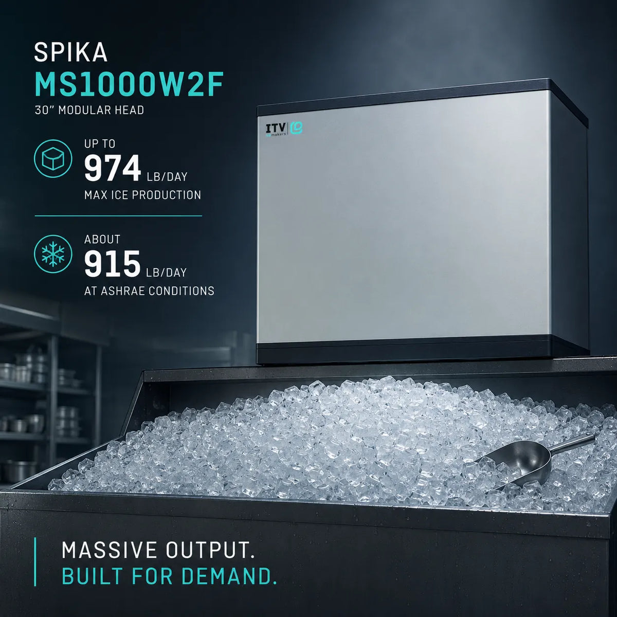 Spika MS1000W2F modular ice machine head in a dark kitchen environment, shown with a large tray of crushed ice and text overlays detailing its 30" modular head, up to 974 lb/day production, and about 915 lb/day at Ashrae conditions.