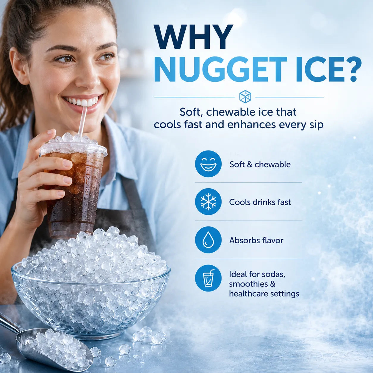 Woman enjoying a drink with nugget ice, surrounded by text highlighting benefits of nugget ice.