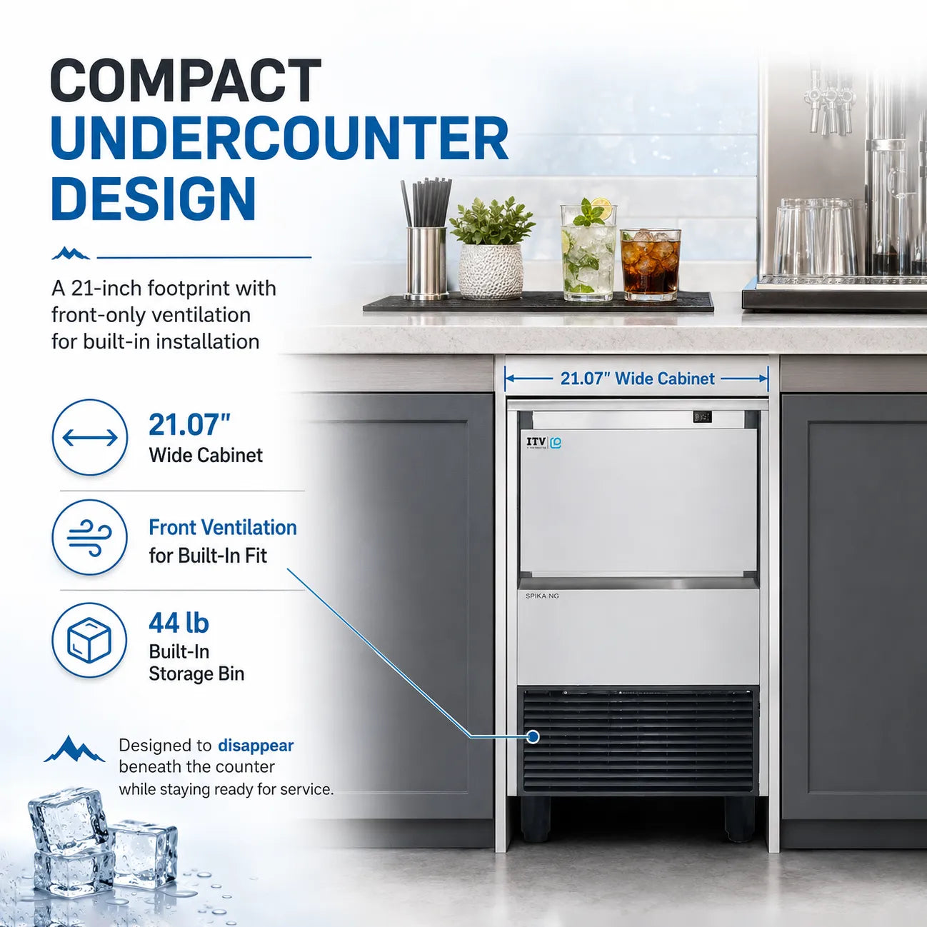 ITV SPIKA NG 130 undercounter commercial ice machine installed beneath a countertop, highlighting the compact 21.07-inch cabinet, front ventilation for built-in installation, and 44 lb built-in storage bin for bars, cafés, and commercial beverage stations.