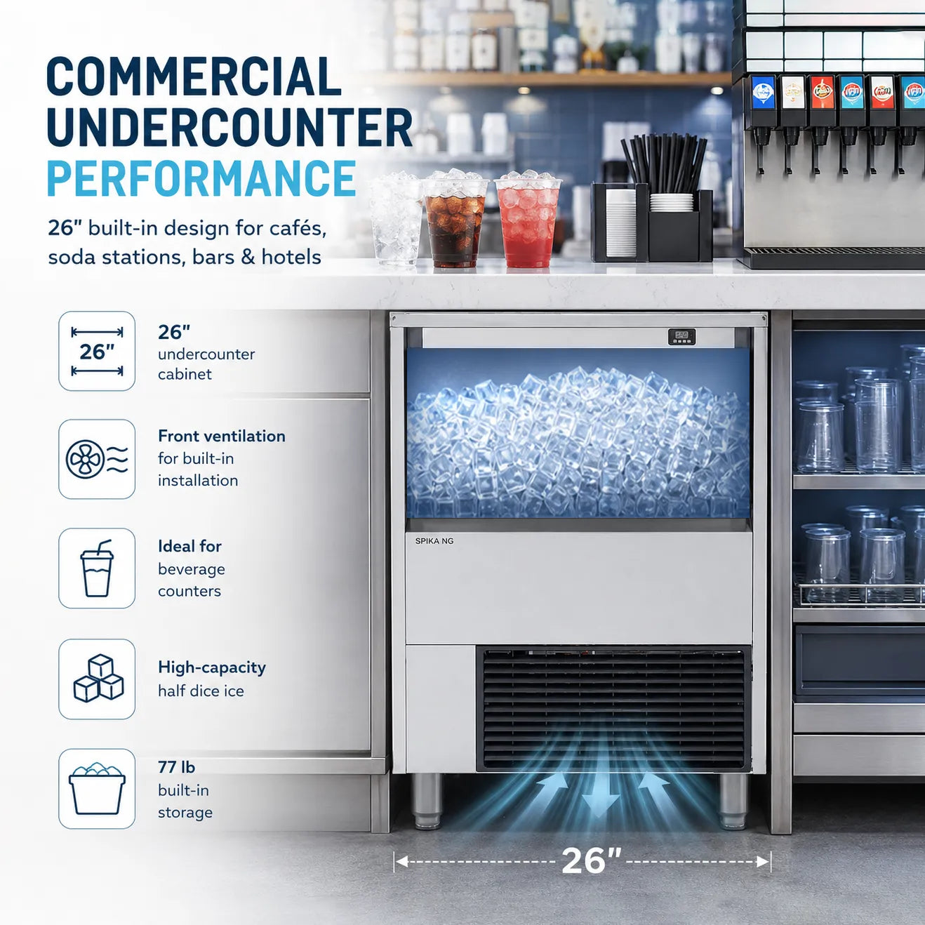 Commercial undercounter refrigerator in a kitchen setting with text highlighting features.