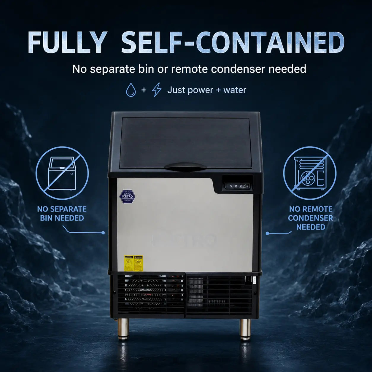A fully self-contained ice machine shown on a dark blue graphic background with marketing text and icons stating no separate bin or remote condenser is needed.