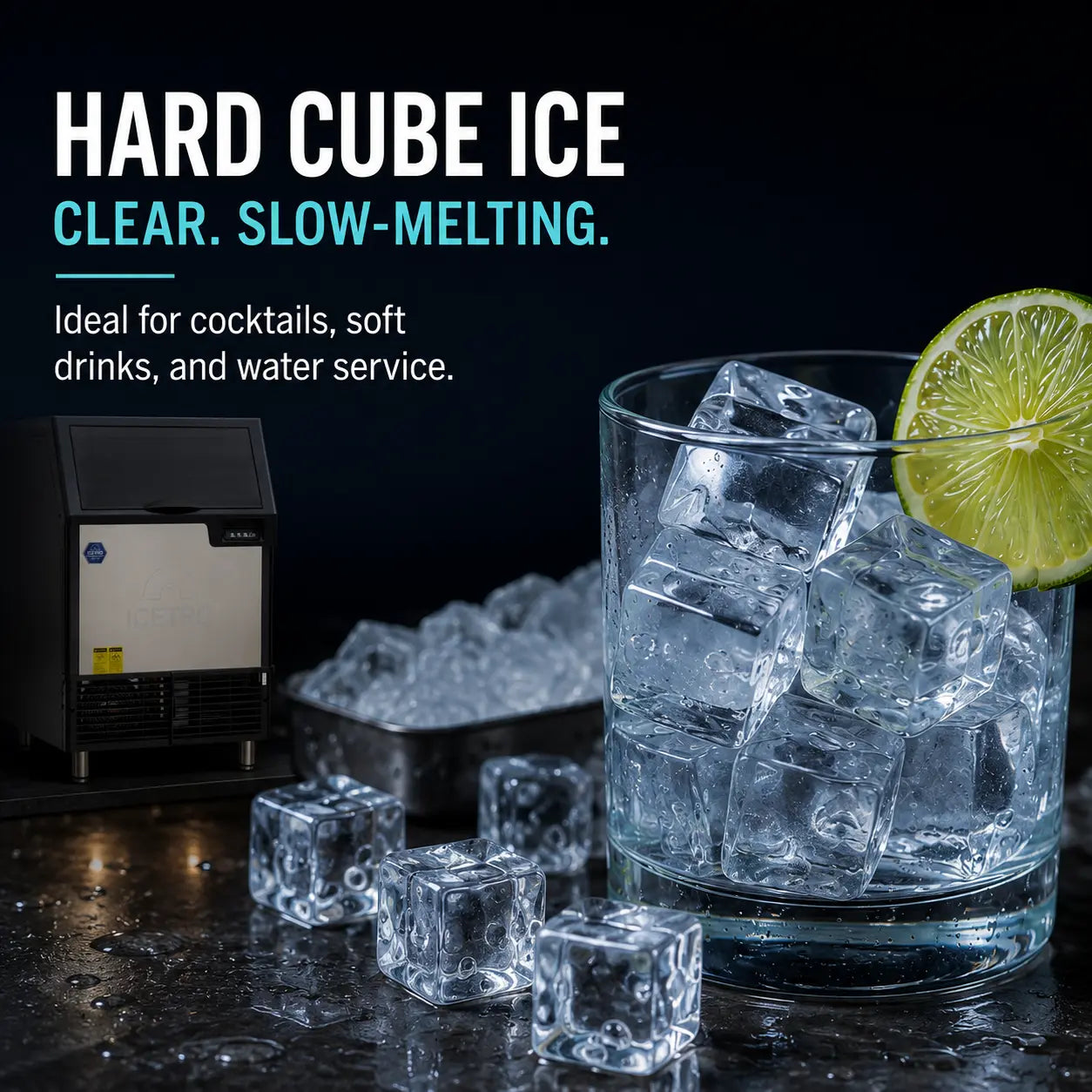 A countertop hard ice machine shown beside a clear glass filled with large clear ice cubes and a lime wheel garnish, with text reading 'HARD CUBE ICE CLEAR. SLOW-MELTING.