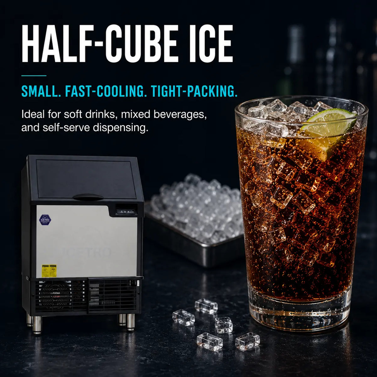 A countertop ice machine shown beside a tall glass of dark soda with ice cubes and a lime wedge, on a dark bar-style surface with large text reading 'HALF-CUBE ICE'.