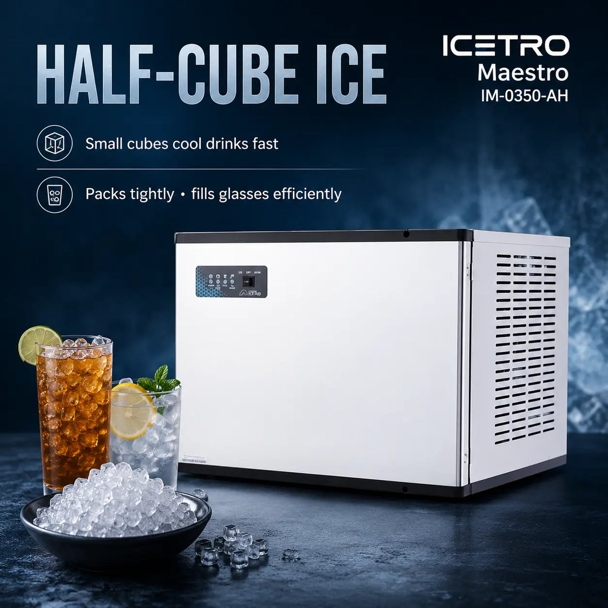 A white and black ICETRO Maestro half-cube ice maker shown on a dark blue studio background with promotional text and drinks filled with ice cubes in the foreground.
