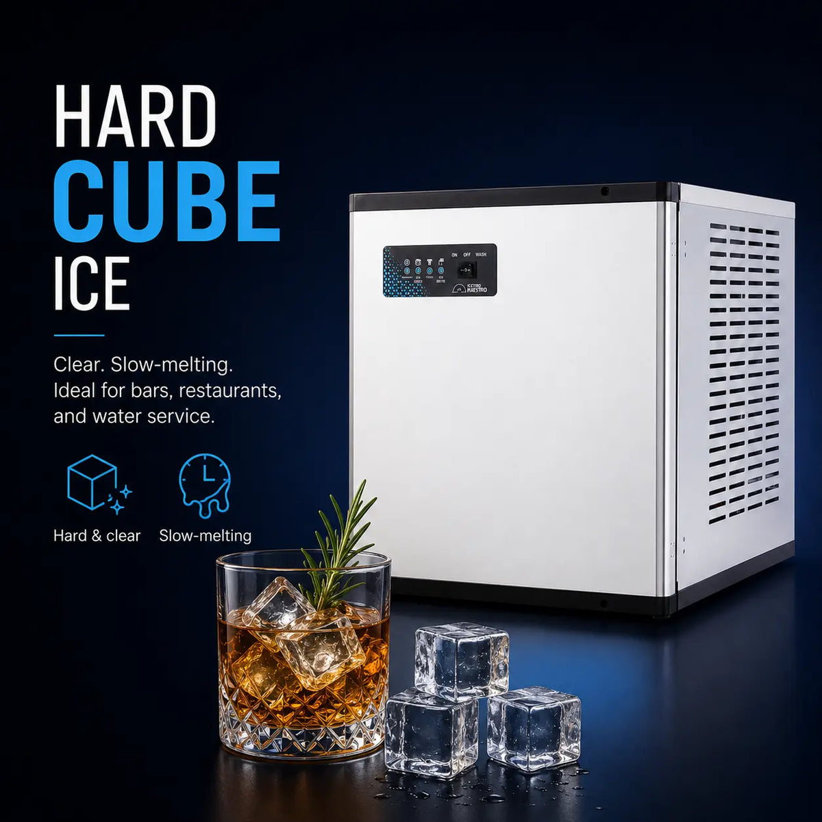 A countertop hard ice machine in white and black stands on a dark surface beside a glass of amber drink with ice cubes and a sprig of rosemary. Large text on the left reads “HARD CUBE ICE,” with smaller product copy and feature icons.