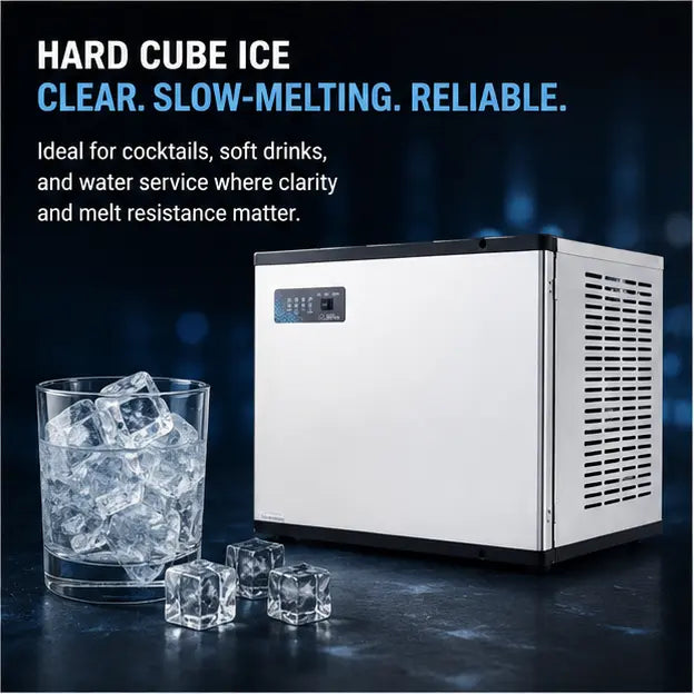 A countertop hard cube ice maker shown with a glass of clear ice cubes and several loose cube ice pieces on a dark surface. Large text at the top reads 'HARD CUBE ICE' and 'CLEAR.