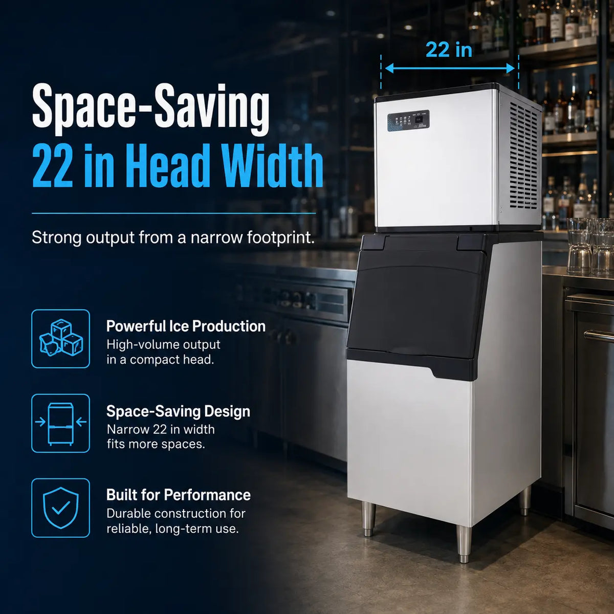 A countertop beverage dispenser shown installed under a dark bar cabinet, with text reading 'Space-Saving 22 in Cabinet' and a '22 in' width measurement overlay. The product is a compact white and black dispenser with a digital control panel.