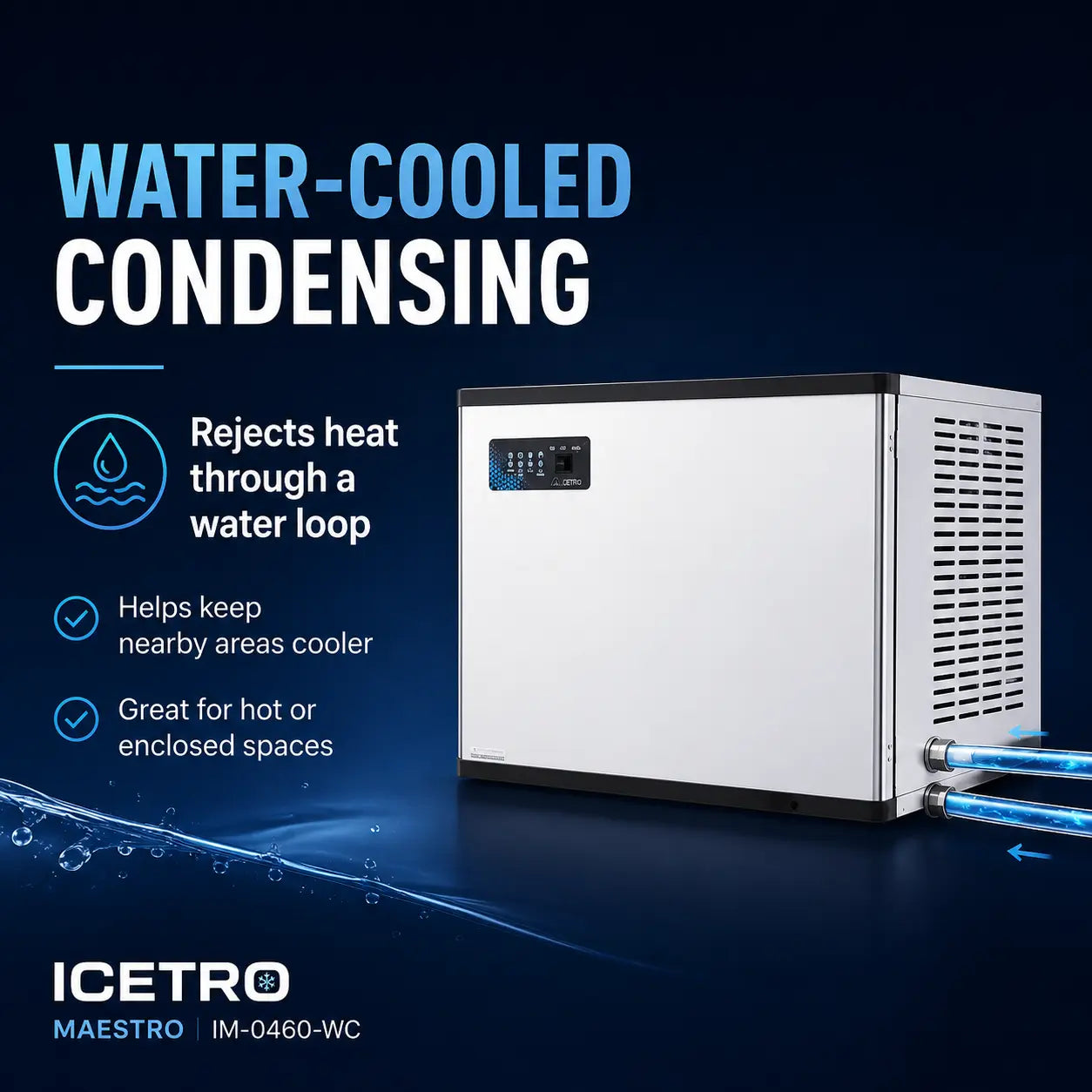 ICETRO Maestro water-cooled condensing ice machine shown on a dark blue promotional background with text highlighting heat rejection and cooling benefits.