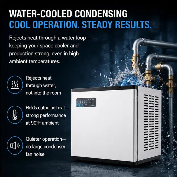 Water-cooled condensing cooling unit shown with water spraying over it, metal piping, and marketing text on a dark blue background. The product itself is a rectangular white and black machine with a small digital control panel on the front.