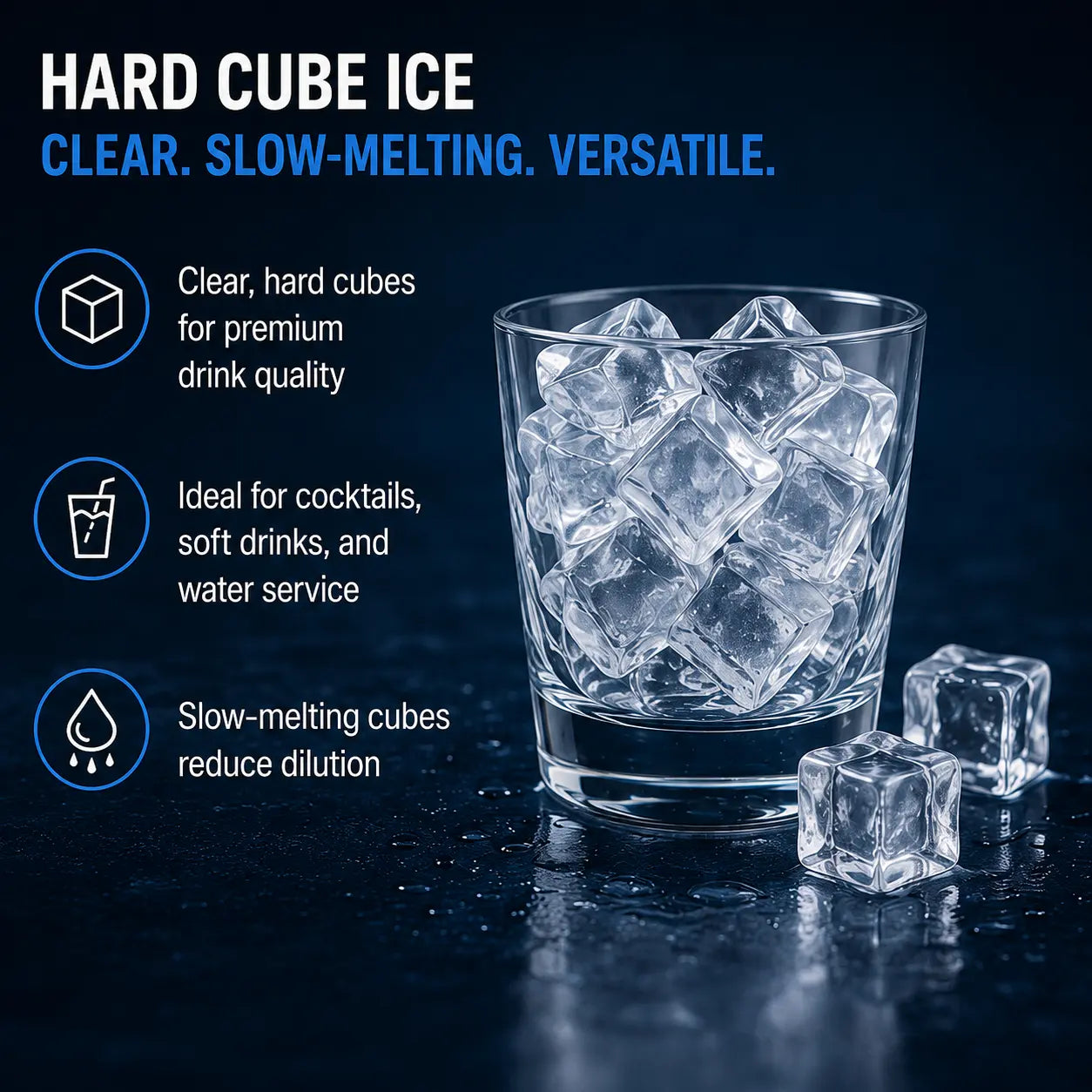 Hard cube ice in a clear lowball glass on a dark blue reflective surface, with three loose cubes beside it and marketing text on the left reading 'HARD CUBE ICE' and feature callouts.