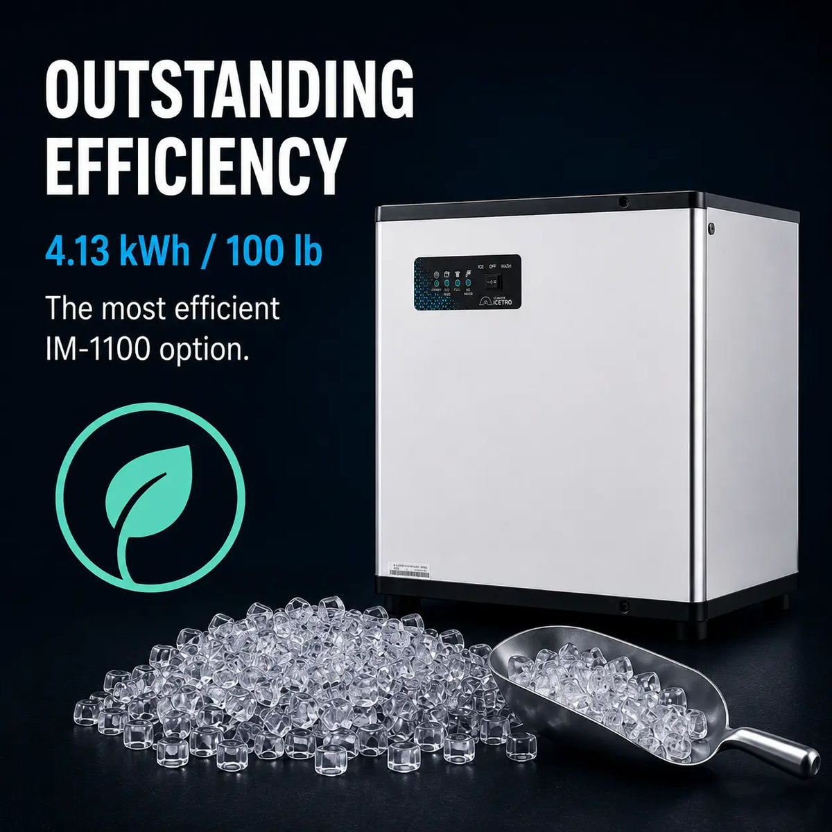 A stainless steel and black ice maker machine shown on a dark studio background with text reading 'OUTSTANDING EFFICIENCY' and '4.13 kWh / 100 lb'.