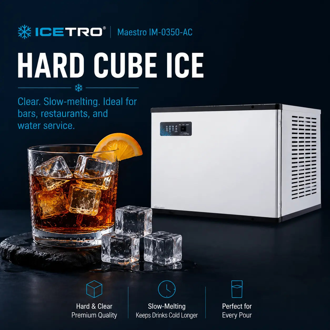 An IceTro Maestro hard cube ice machine shown next to a glass of iced amber drink with ice cubes and an orange slice on a dark studio background. Large text reads 'HARD CUBE ICE' with smaller descriptive copy and feature icons along the bottom.