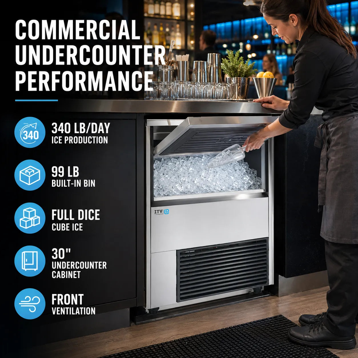 ITV SPIKA NG 360 A1F commercial undercounter ice machine with 340 lb daily production, 99 lb built-in bin, full dice cube ice, and front ventilation