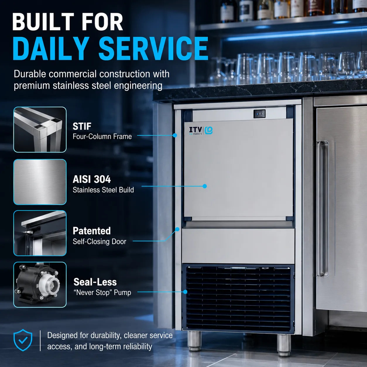 Commercial ice maker with features highlighted in a kitchen setting