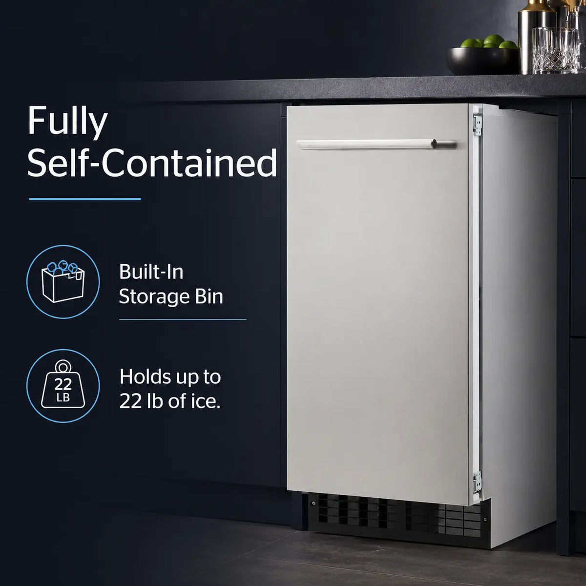 A stainless steel undercounter refrigerator shown next to dark blue promotional text highlighting its fully self-contained design, built-in storage bin, and 22 lb ice capacity.