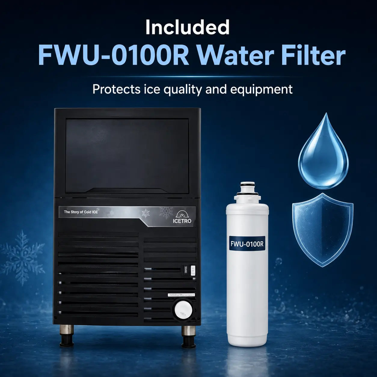 Black ICETRO Dual Ice 600 water filter machine shown next to a white FWU-0100R replacement water filter canister on a dark blue background with text and water droplet/shield graphics.