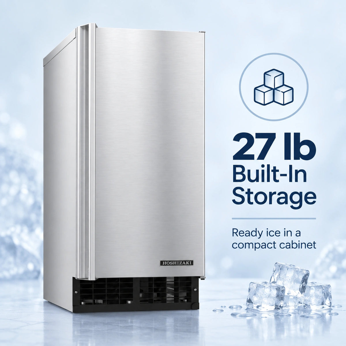 A stainless steel HIGHERAZE ice maker refrigerator with built-in storage, shown on a light icy blue background with text reading '27 lb Built-In Storage' and ice cubes at the bottom right.