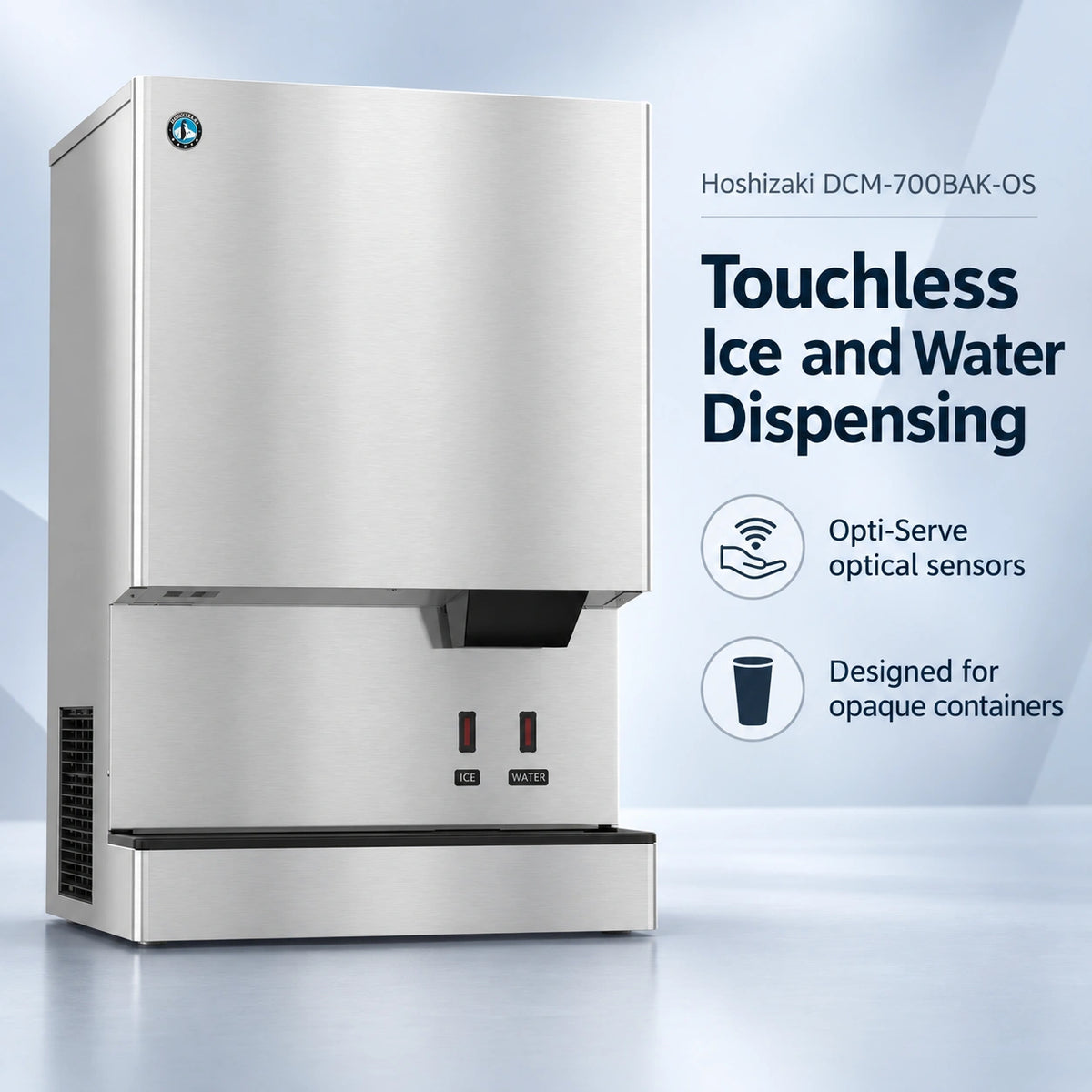 A stainless steel Hoshizaki DCM-700BAK-OS touchless ice and water dispenser shown on a clean light blue studio background with product text and feature icons on the right.