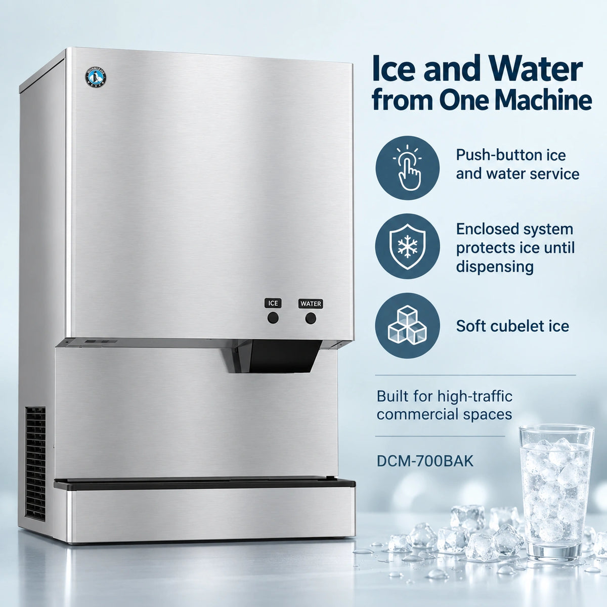 A stainless steel commercial ice machine with water dispenser, shown on a light blue background with promotional text and icons describing features like push-button ice and water service, enclosed protection, and soft cubelet ice.