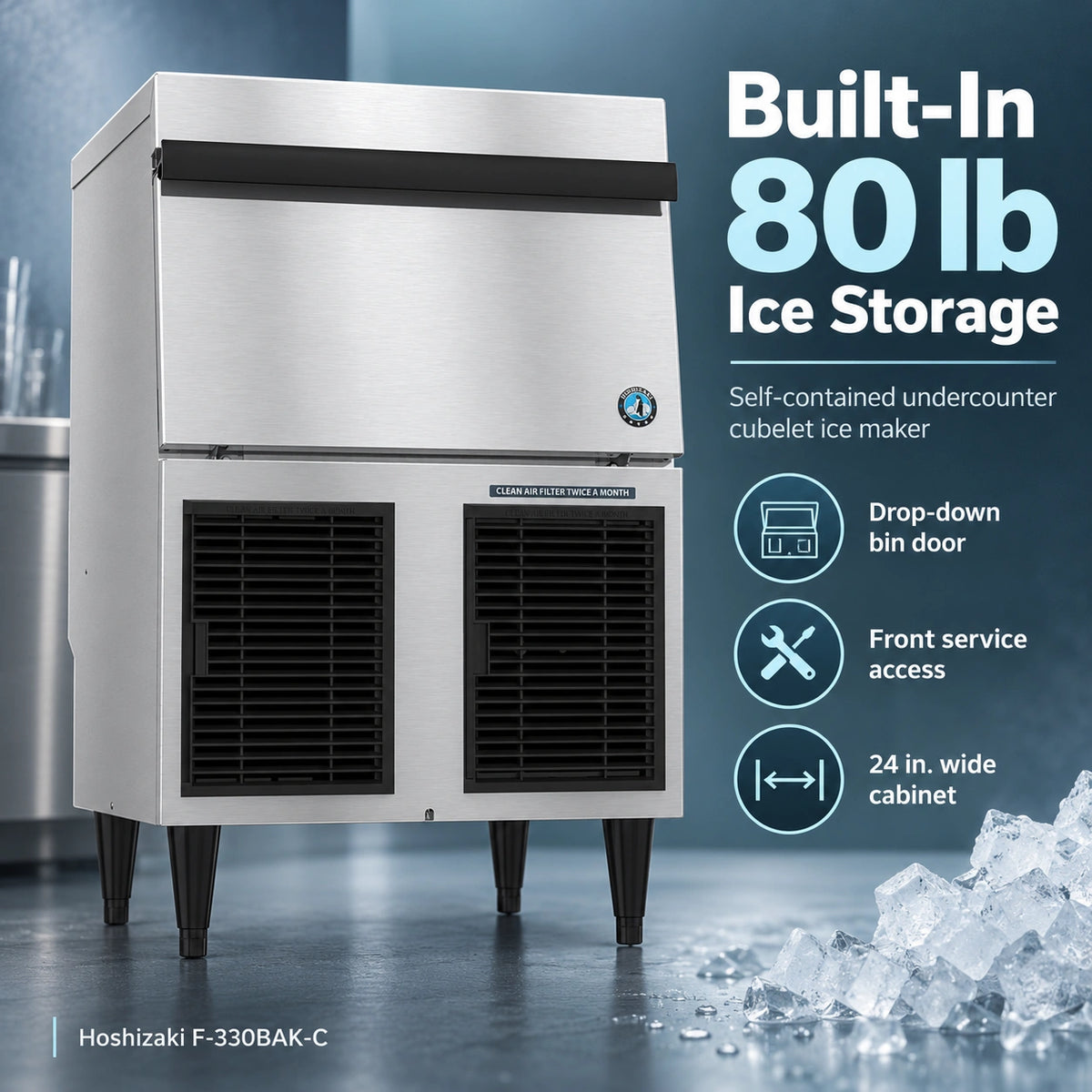 Hoshizaki F-330BAK-C Undercounter Cubelet Ice Maker - 300 lb/Day with 80 lb Bin, Air-Cooled