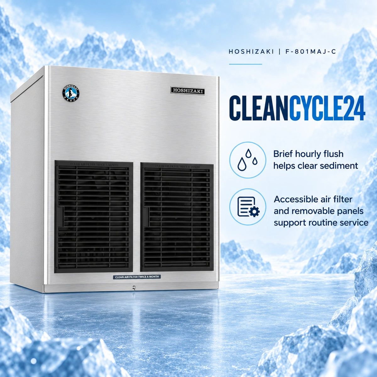 A Hoshizaki ice machine with a brushed stainless steel exterior and black front ventilation grilles, shown against an icy blue background with promotional text reading 'CLEANCYCLE24' and feature icons.